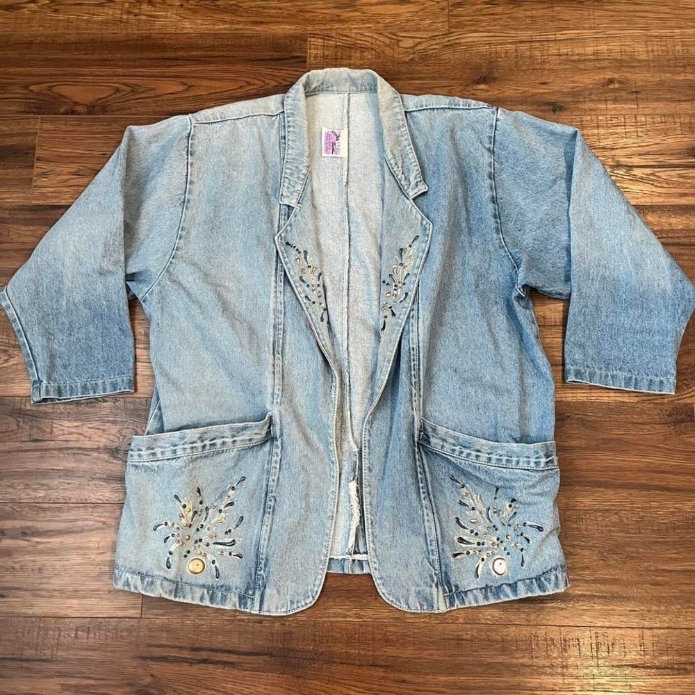 Vintage Hand Painted Denim‎ Jean Jacket Light Wash Embellished Lapels Pockets